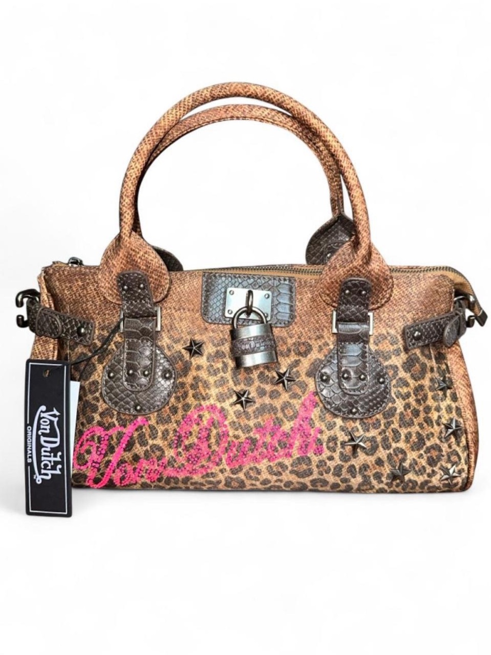 Von Dutch Viral Satchel Handbag Leopard Cheetah Print with Pink Details